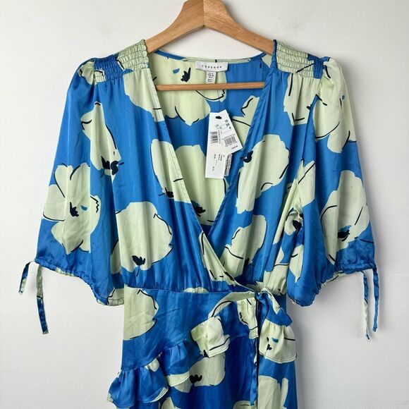 NWT Topshop blue splodge flower ruffle textured wrap midi Dress in Blue Size 6 - Picture 12 of 15